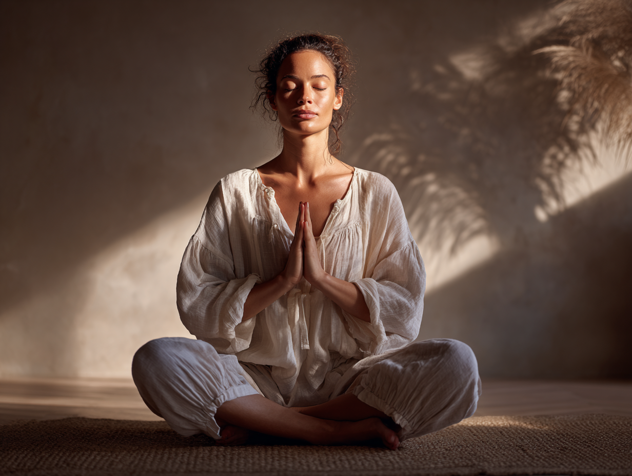 Жінка медитує в позі лотоса на природі